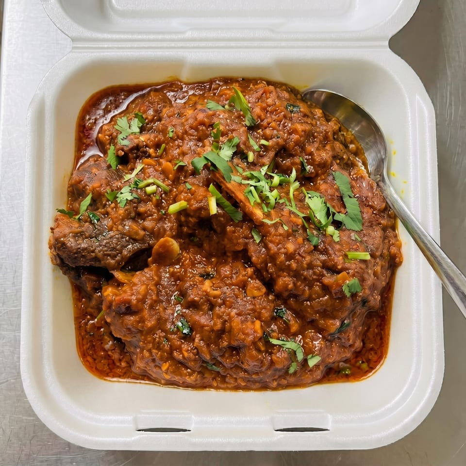 Rich, dark red curry with meat and cilantro in a white takeout container with a spoon.